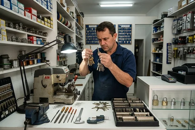 Chaveiro analisando chaves duplicadas, com foco em seu funcionamento, em Paranaguá.