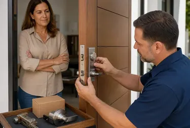 Chaveiro substituindo fechadura em uma porta de residência, em Paranaguá.
